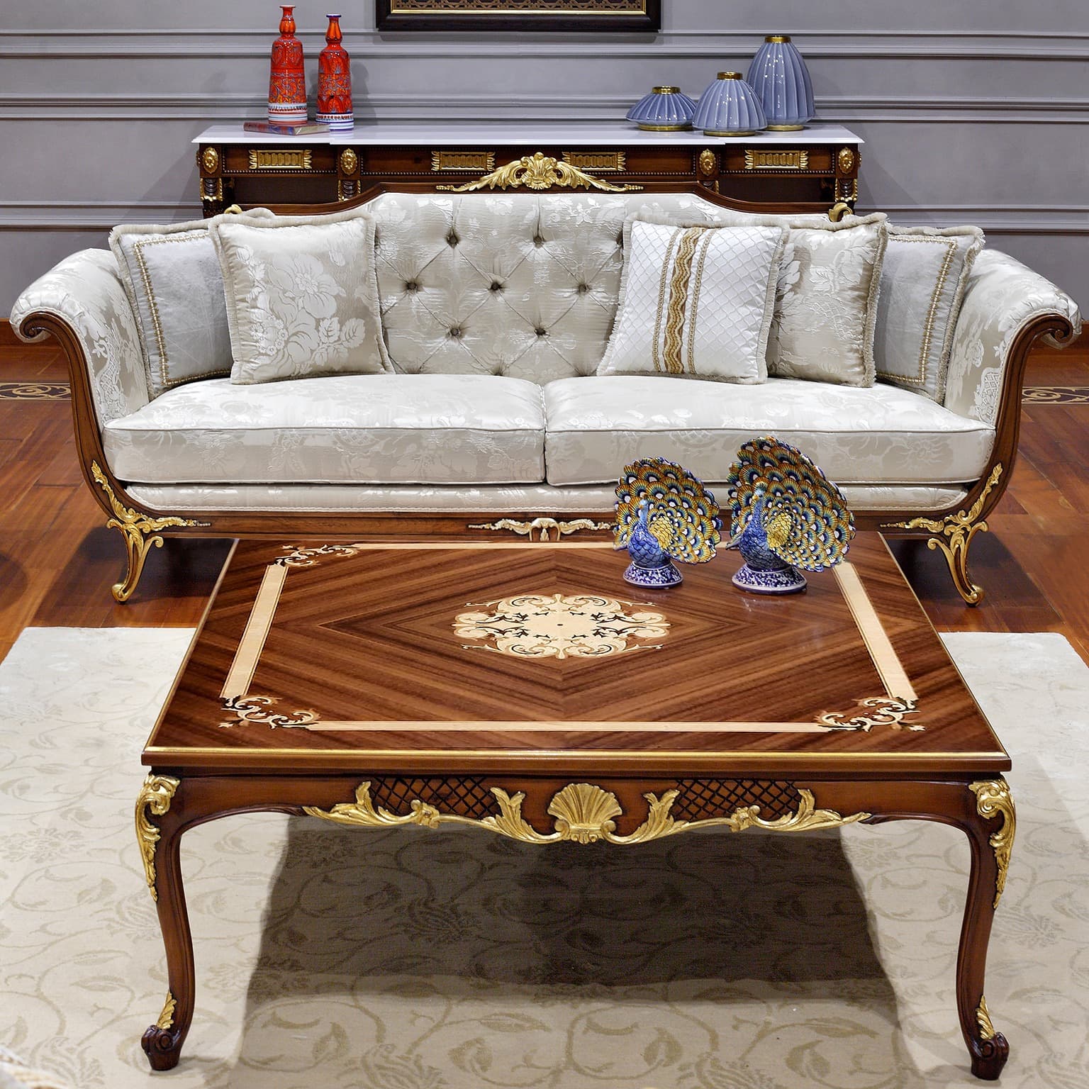 Luxury Italian Baroque Walnut & Gold Sofa Set — Sofa Sets