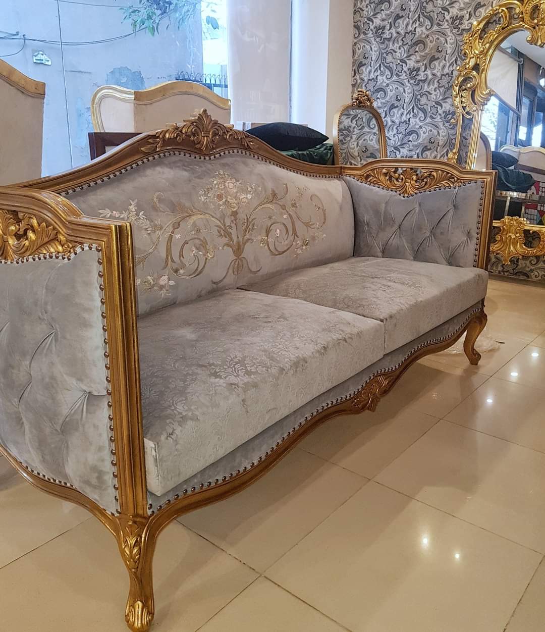 Royal Antique Gold & Pearl Grey Embroidered Sofa Set — view 1