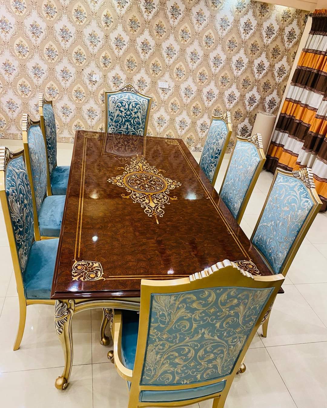 Royal Mahogany Inlay & Turquoise Damask Dining Set — Dining Sets