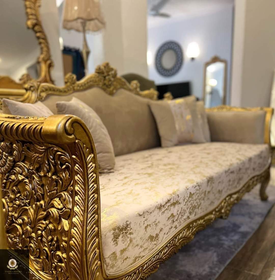 Royal Antique Gold Leaf & Taupe Brocade Sofa Set — Sofa Sets