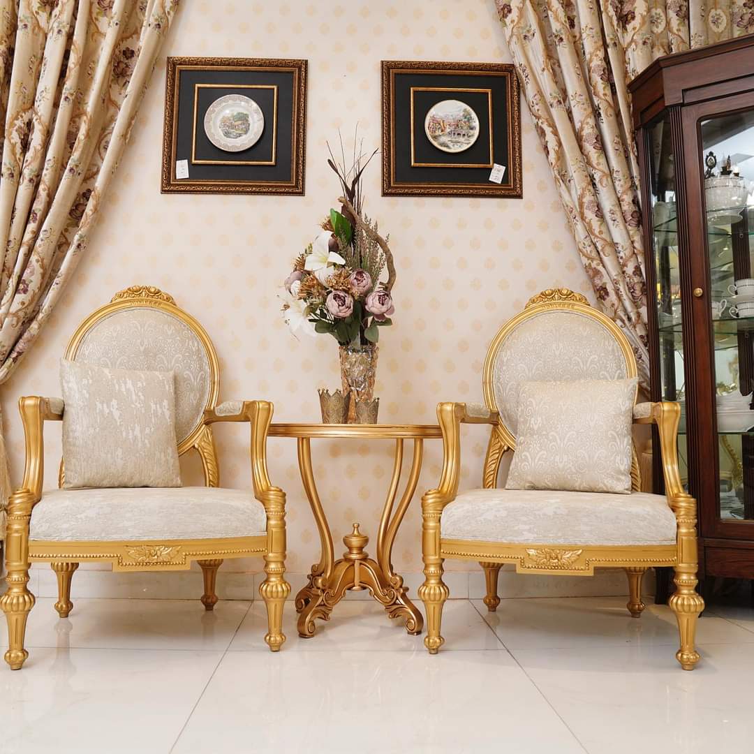 Royal Italian Gold Carved Accent Chair Pair with Pedestal Table — view 1