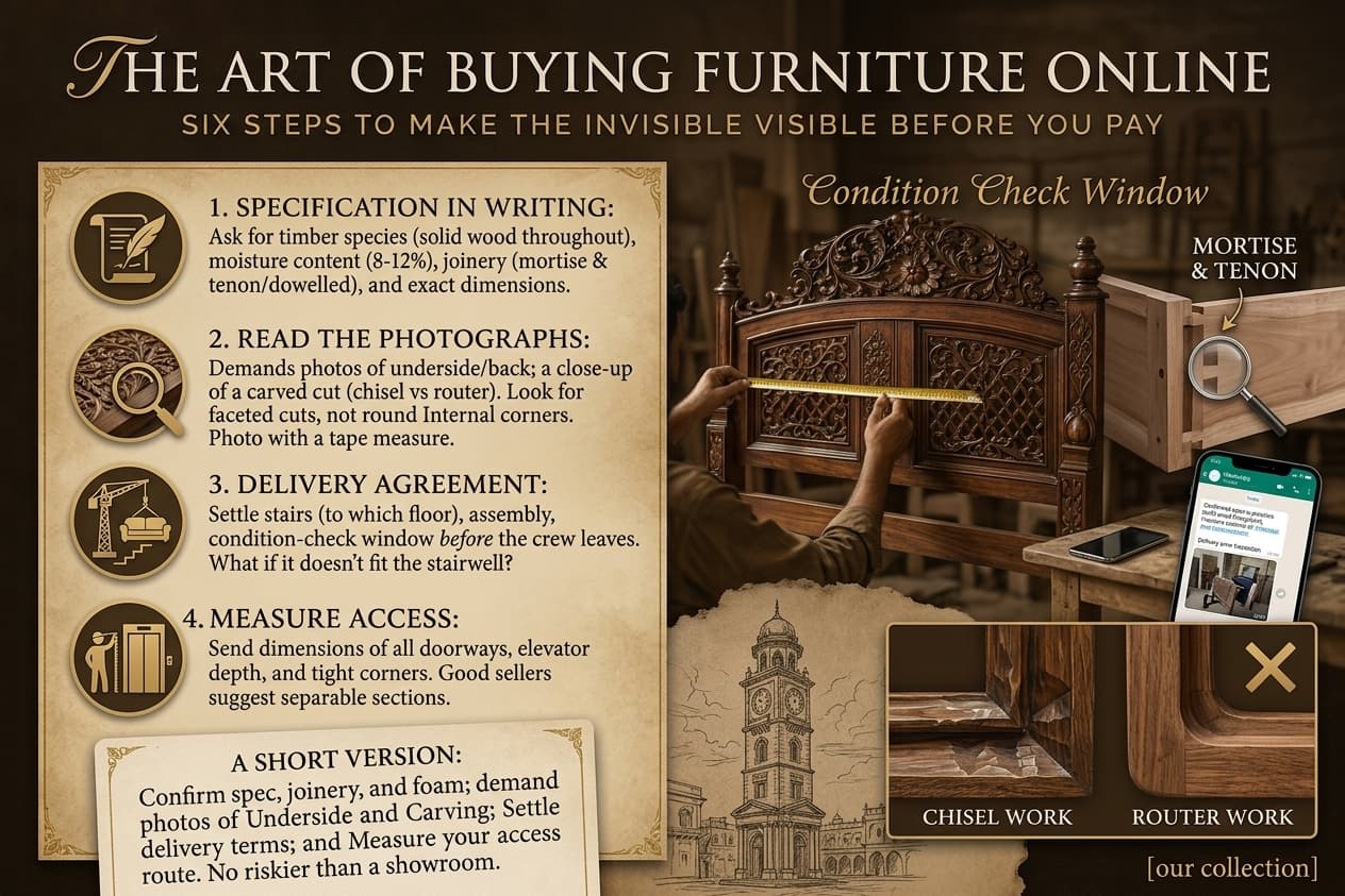 A customer comparing furniture product photographs and dimensions on a laptop