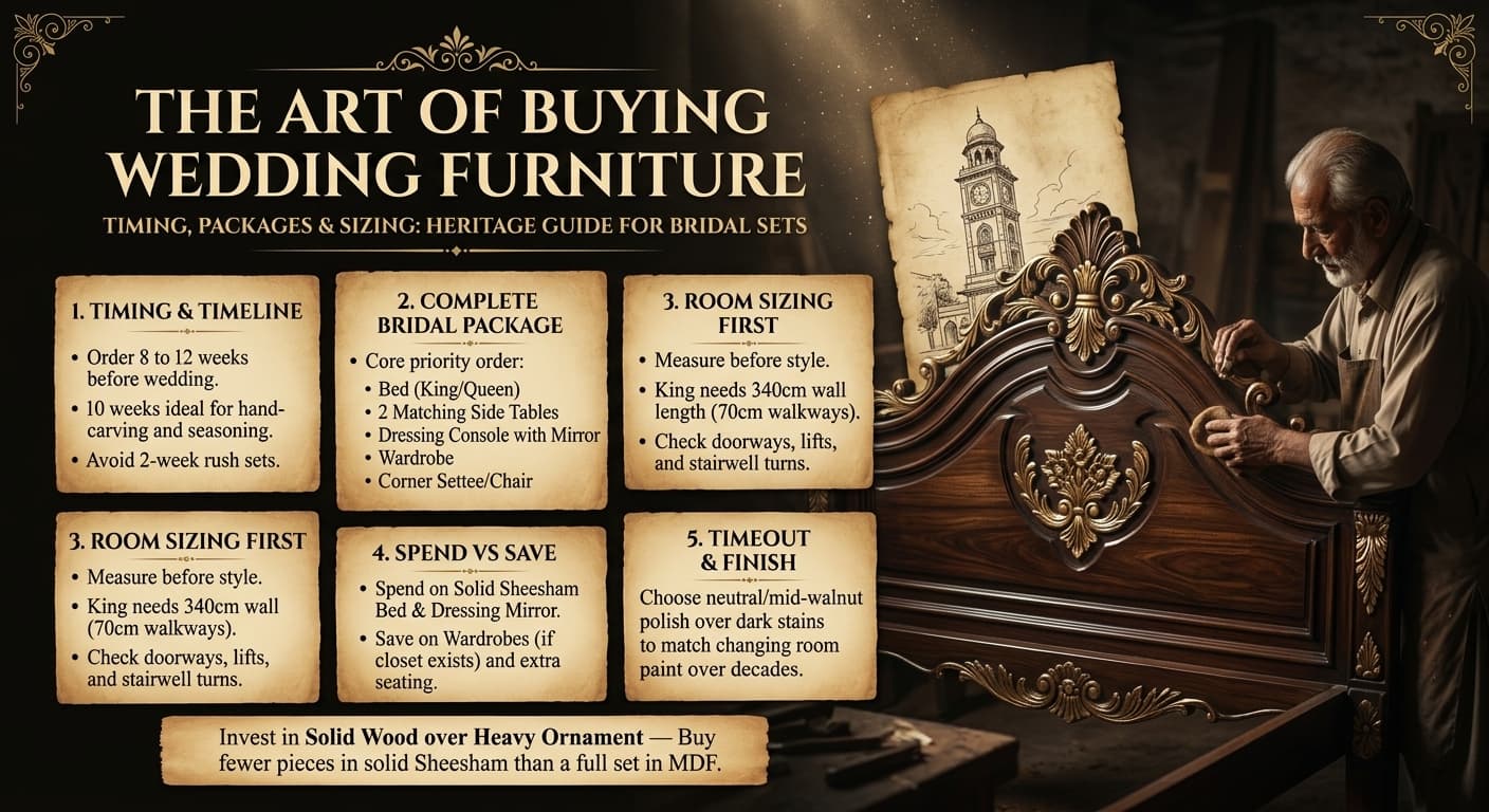 A carved Sheesham wedding bedroom set with bed, dressing console and side tables