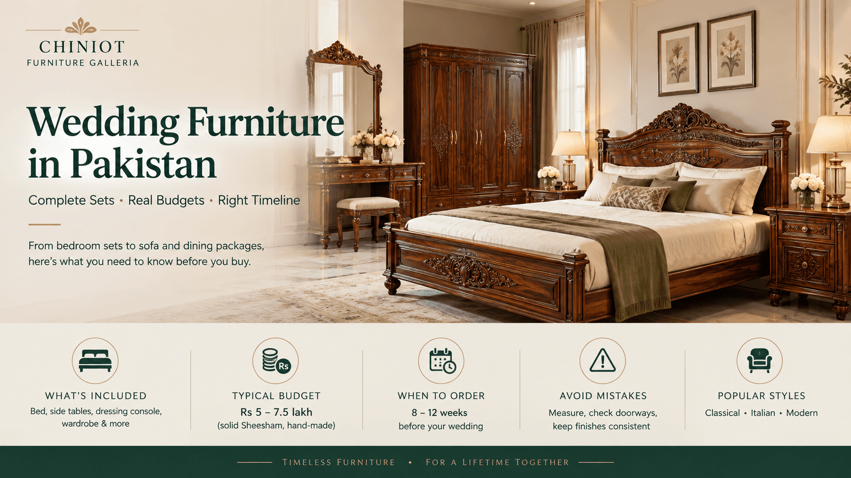 A complete wooden wedding furniture package with bed, dressing table and wardrobe