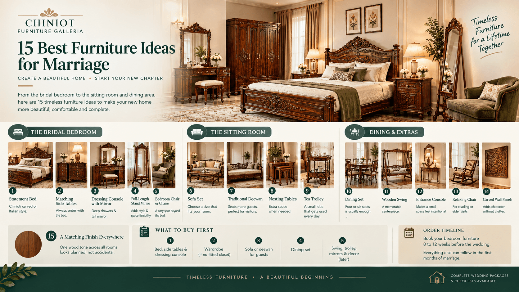 A newly furnished bridal bedroom with a carved Sheesham bed, side tables and stand mirror