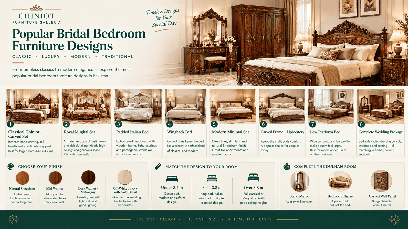 A bridal bedroom with a carved Sheesham bed set, dressing console and soft lighting