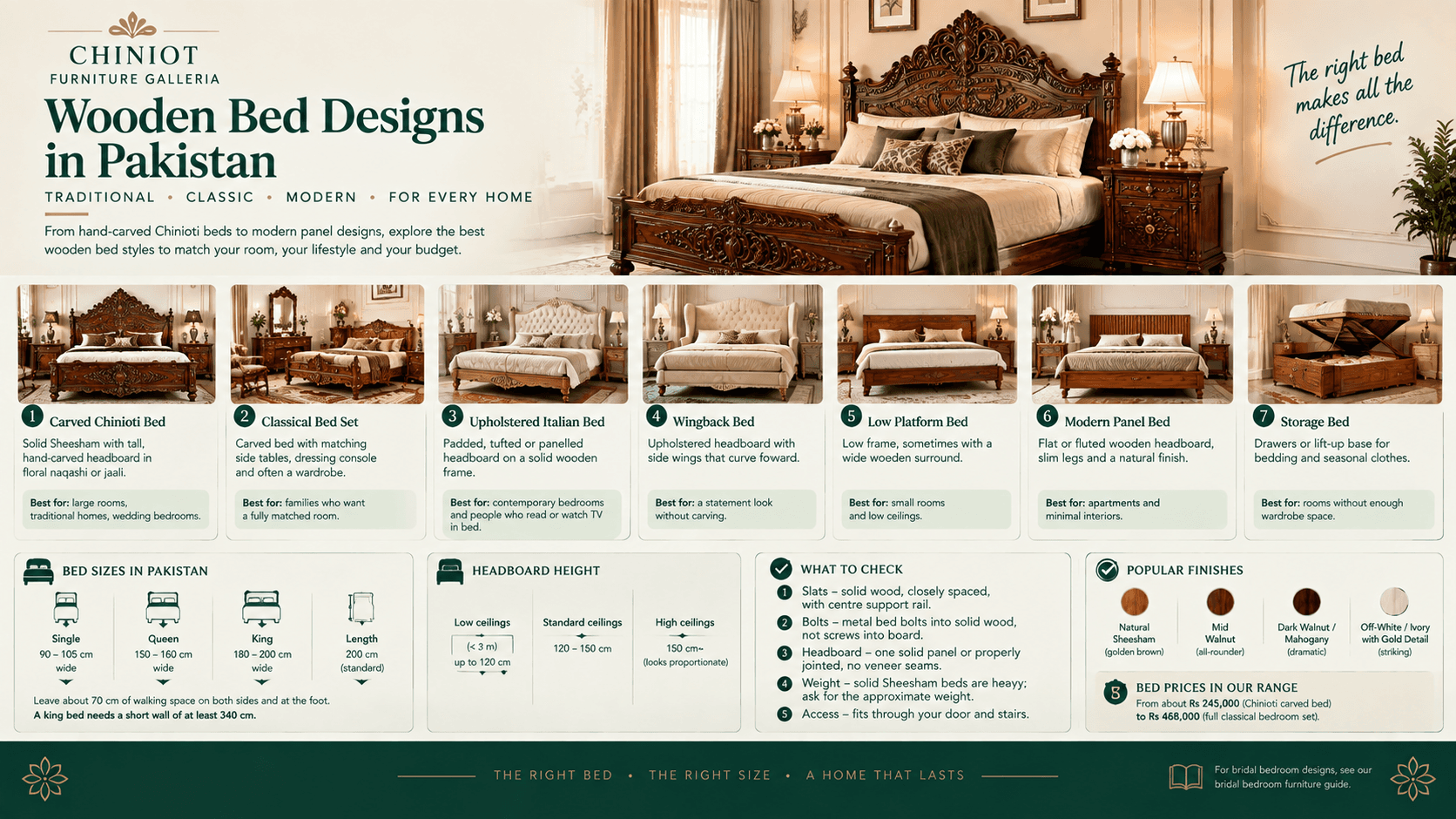A solid Sheesham bed with a tall carved headboard and matching side tables