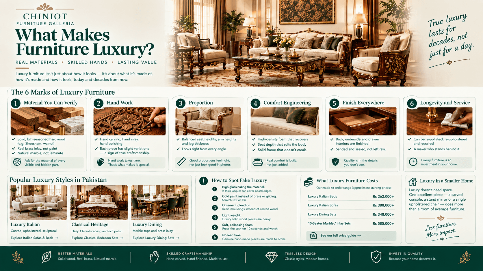 A luxury living room with a curved upholstered sofa, carved console and brass details